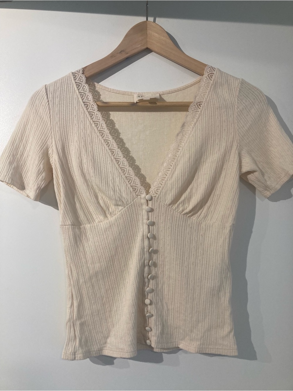 Sezane Cream Lace-Trim Button Front Short Sleeve Top